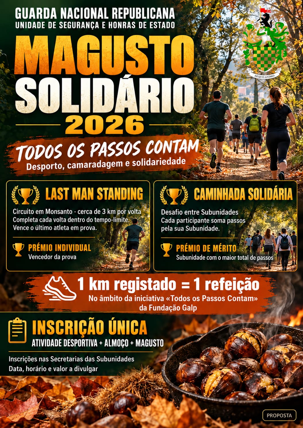 Cartaz oficial do Magusto Solidário 2026 da USHE — Todos os Passos Contam